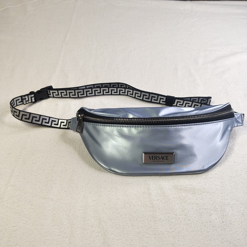 Versace Fragrances Waist Bag Unisex OS Silver Greek Key Strap Fanny Pack